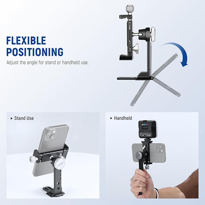 NEEWER Smartphone Tripod Mount Aluminum Alloy, 360° Rotatable Phone Stand Holder Clamp with Cold Shoe and Arca Base Compatible with iPhone 15 Pro Max Galaxy S24 Ultra Pixel & 2.6"-4" Wide Smartphones