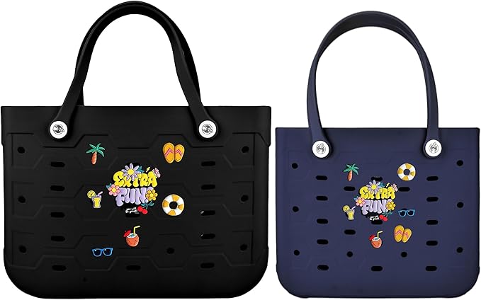 2-Piece Tote Bag Set, Waterproof Rubber Beach Bag with Summer Pattern, Medium & Large Handbag for Pool, Beach, Boat