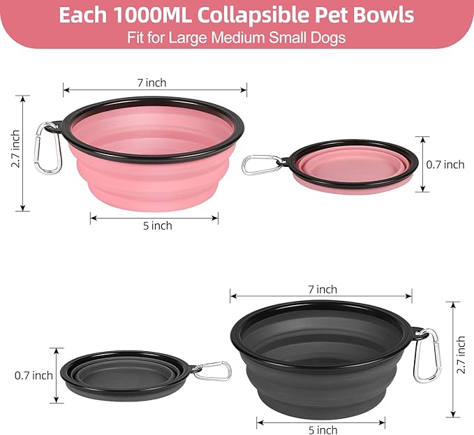 Kytely Large Collapsible Dog Bowls 2 Pack, 34oz Foldable Dog Travel Bowl, Portable Pet Water Food Bowl with Clasp, Pet Cat Feeding Cup Dish for Traveling, Walking, Hiking (Pink+Grey)