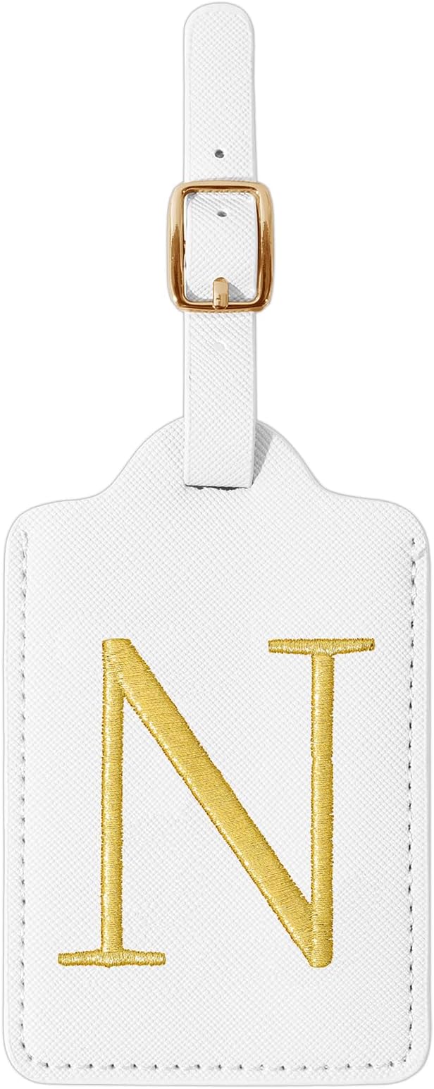Personalized Initial Luggage Tags for Suitcase TSA Approved, White Leather Cute Luggage Tag with Privacy Cover Name Card, Embroidered Custom Luggage Tags Travel Baggage Tags Gifts for Women Kids(N)