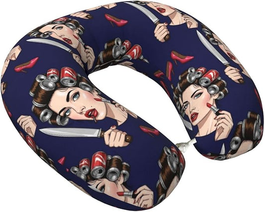 Travel Pillow for Men Women, Washable Relax U Shaped Neck Pillows for Car Head Pain Relief Sleeping Knife Mirror Goth Gotik Gothic Women Girl Make Up Art