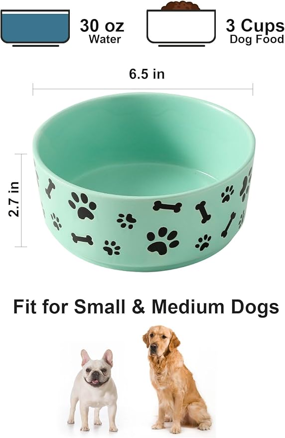 UBEE Ceramic Dog Bowl Set of 2, 6.5 inch Dog Food Bowl Dish with Bone Paw Pattern, Pet Food Water Dish Feeding for Small and Meidum Dogs and Large Cat, Green