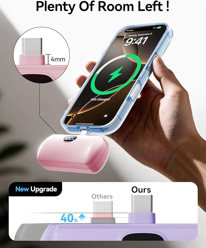 [2 Pack Mini Portable Charger USB C, 5000mAh Cell Phone Portable Power Bank, 22.5W Max Fast Charging Battery Pack for iPhone17/16/15/Android etc, Travel Essential, LCD Display, Pink&Purple