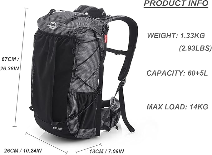 Naturehike Hiking Camping Backpack 45L/65L Lightweight Internal Frame with Rain Cover for Backpacking Outdoor Sports ((60+5) L Black, (60+5) L)