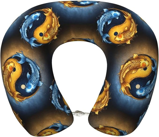 Comfortable Travel Pillow for Pain Relief Sleeping, Memory Foam Airplane Car Neck Pain Pillows Koifish Fish Yin Yang, Funny Chin Head Support Cushion