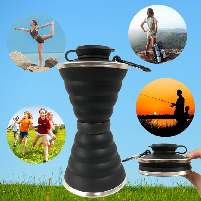 Collapsible Water Bottle, Camping Cup With Carabiner, Reuseable Silicone Foldable Leak Proof Portable Sports Travel Water Bottles For Outdoor, Travel Gym Hiking, BPA Free, Cycling Cups with Carabiner