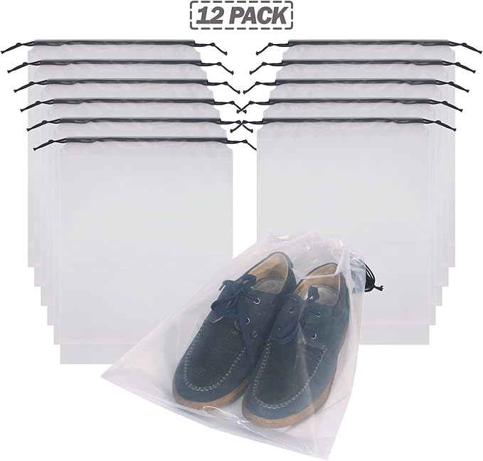Set of 12 Transparent Shoe Bags for Travel Large Clear Shoes Storage Organizers Pouch with Rope for Men and Women