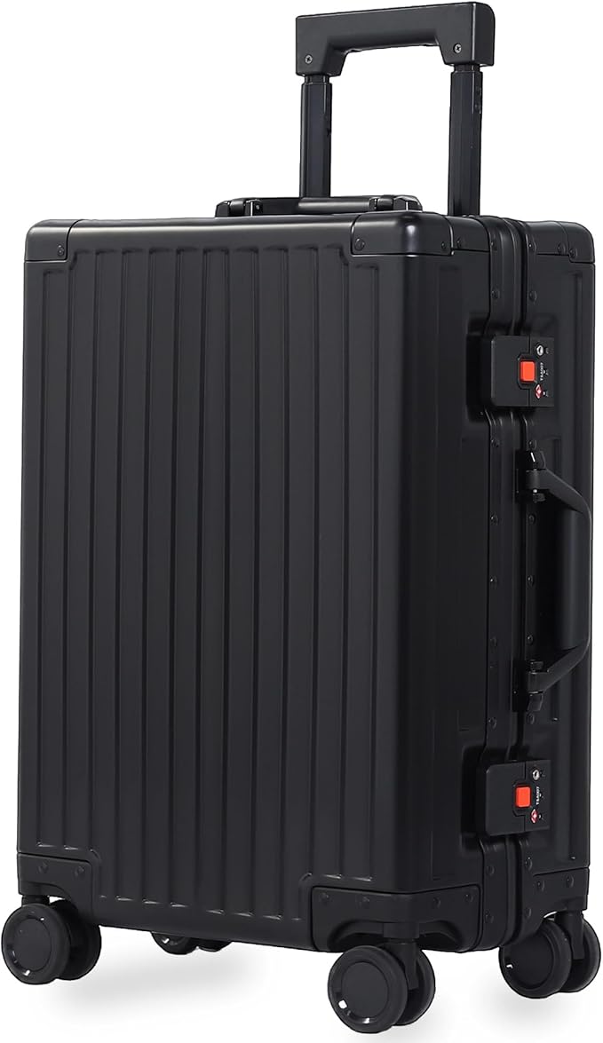 All Aluminum 24 Inch Check In Luggage Hard Shell Suitcases with Spinner Wheels and TSA Lock, Checked Medium Suitcase (Black)
