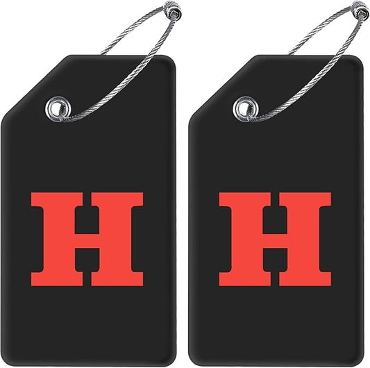 Gostwo 2 Pack Silicone Luggage Tags for Suitcases, 26 Initial Letter Baggage Labels Handbag School Bag Suitcase Instrument Tag with Stainless Steel Loop(Black)(Letter H)