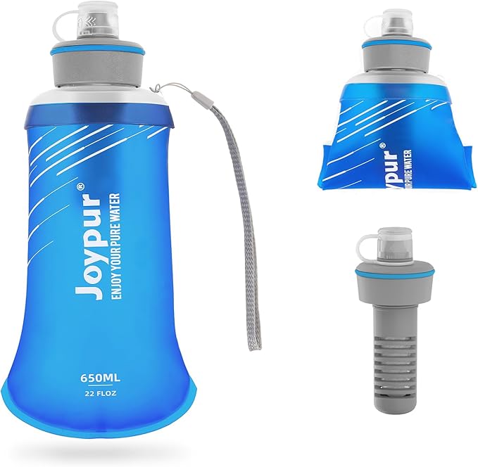 Joypur® Collapsible Squeeze Water Filter Bottle - 650ml with Filter with NSF/FDA Certification Befree or Peak Series replacement for Hiking,Running,Camping,Travel,Cycling,and Fishing; BPA-Free(Blue)
