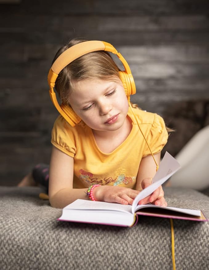 BuddyPhones Explore Plus | Foldable Kids Wired Headphones, Built-in Audio Sharing Cable with in-Line Mic - SafeAudio Volume-Limiting for Kindle, iPad, iPhone, or Android (Sun Yellow)