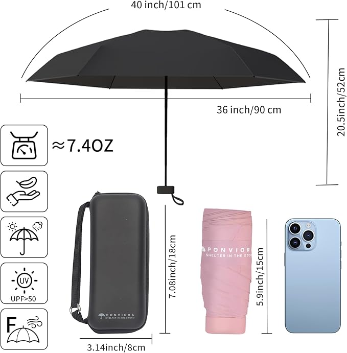 Compact Mini Windproof Travel Umbrella-UPF 50+ Sun & Rain Protection, Small Folding Design Fits in Pocket or Purse, Lightweight Portable with Case for Women, Men & Kids