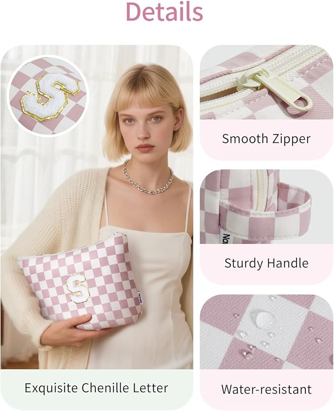 Narwey 2 Piece Personalized Initial Makeup Bag Checkered Cosmetic Bags, 6 8 10 11 12 13 14 16 18 Years Old Teen Girl Gifts Trendy Stuff Birthday Gifts for Women, Travel Toiletry Bag (Pink Letter S)