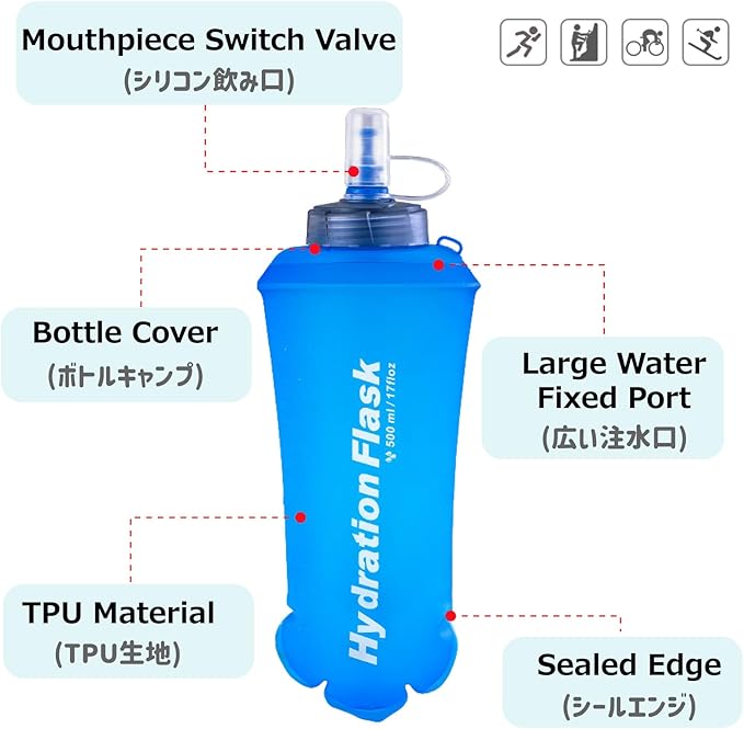 Azarxis TPU Soft Flask Collapsible Water Bottles BPA-Free 250ml 350ml 500ml 600ml for Hydration Vest Pack Running Hiking Cycling Climbing