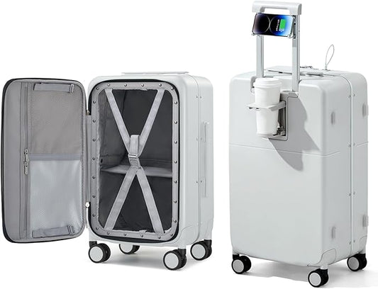 Hanke 20 Inch Carry On Luggage with Cup Holder and Charge,Top Opening Hard Shell Suitcases with Wheels and Dividers,Aluminum Frame Trunk Luggage Small Suitcase with Lock for Travel,Smoke White