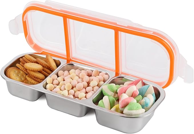 zenjarigily Stainless Steel Snack Containers with Lids, 3 Compartment Leakproof Reusable Snack Box for Nuts, Fruits- Divided Grab & Go Container for School, Office, Travel