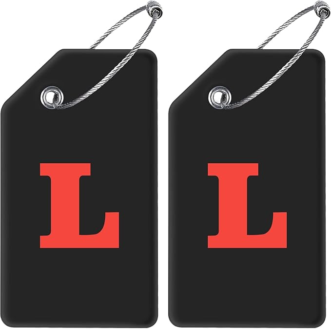 Gostwo 2 Pack Silicone Luggage Tags for Suitcases, 26 Initial Letter Baggage Labels Handbag School Bag Suitcase Instrument Tag with Stainless Steel Loop(Black & White) (Letter L)