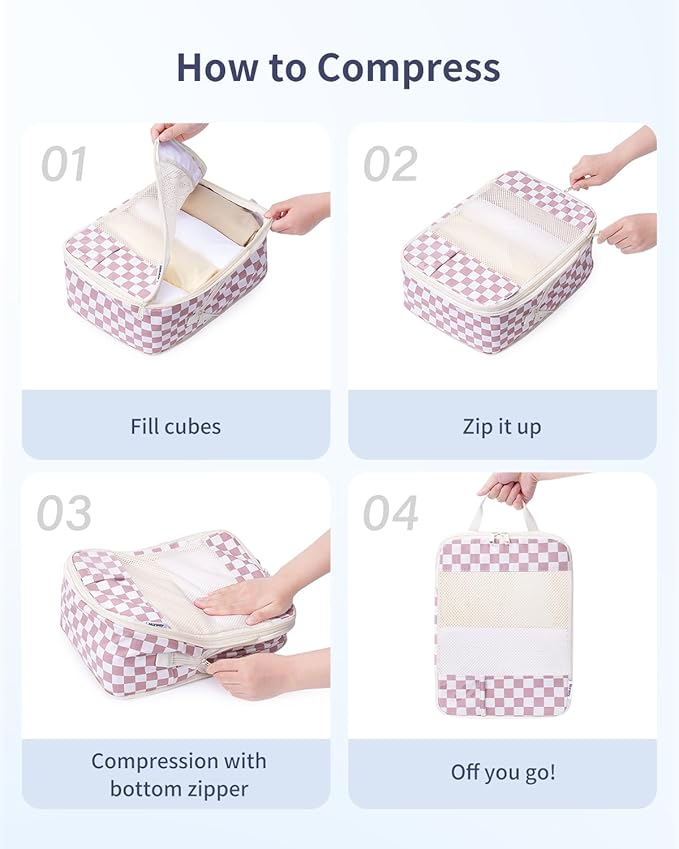 Narwey 5 Set Compression Packing Cubes for Travel, Luggage Packing Organizer Bags for Carry on Suitcase, Expandable Checkered Storage Bags with Laundry & Handle (Combined Checkered)