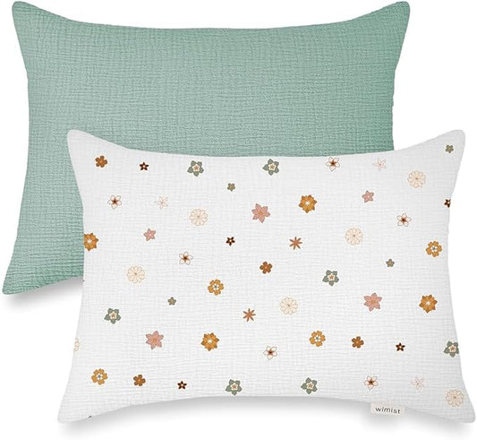 Toddler Pillowcases for 14"x20" Pillow 2 Pack, Muslin Small Toddler Baby Kids Travel Pillow Covers for Boys Girls with Envelope Closure (Sage & Flower-B, 14 x 20 Inch)