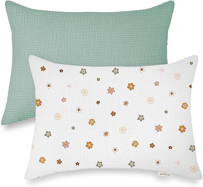 Toddler Pillowcases for 13"x18" Pillow 2 Pack, Muslin Small Toddler Baby Kids Travel Pillow Covers for Boys Girls with Envelope Closure (Sage & Flower-B, 13 x 18 Inch)