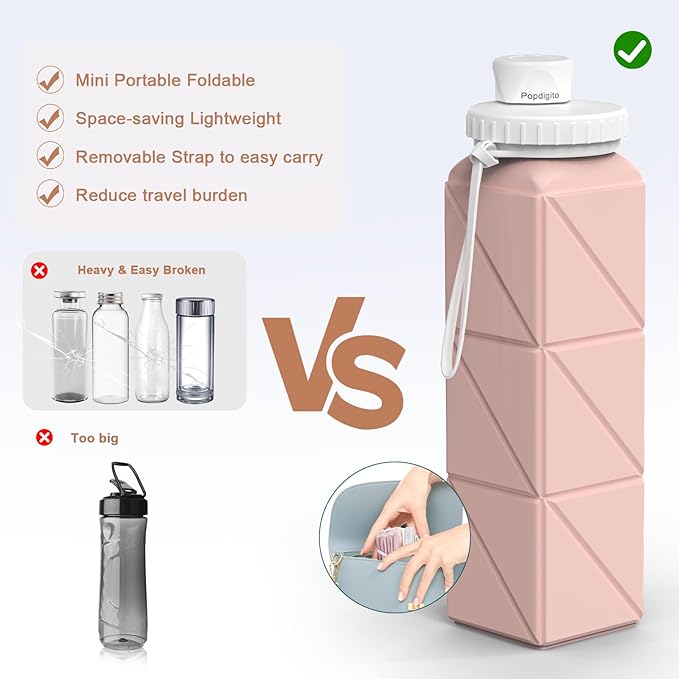Collapsible Water Bottles, Portable Lightweight Reusable Leak-Proof BPA-Free Silicone Foldable Water Bottle for Travel Hiking Camping Gym Outdoor Activities Sports,Detachable for Dishwasher