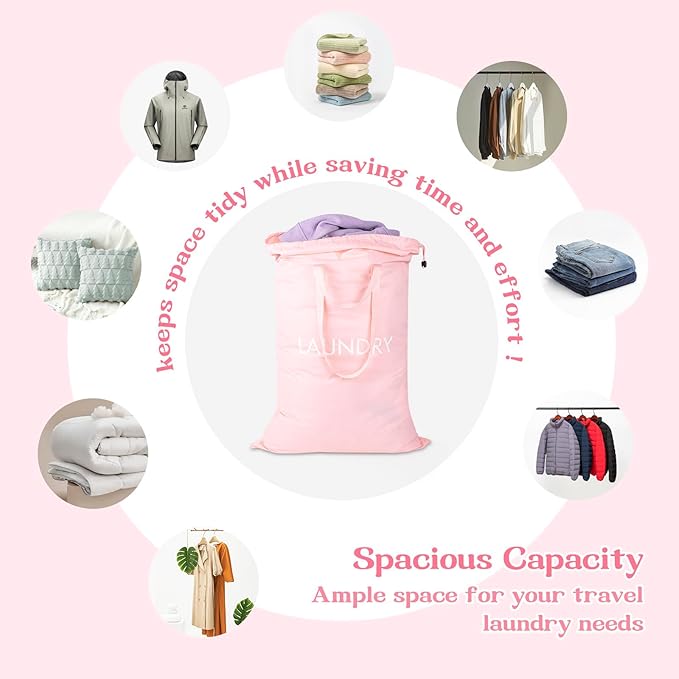 MissBoy Heavy Duty Nylon Laundry Bag,Washable & Splash-Resistant Dirty Clothes Storage Bag with Drawstring & Handles丨Lightweight, Foldable & Space-Saving for College Dorm,Beach&Trips, 80L Pink