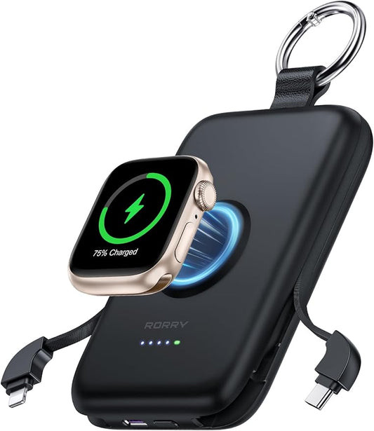 RORRY Portable Charger, 10000mAh PD 20W Fast Charging Portable Charger Power Bank with Built in Cables, Travel Battery Pack for iPhone 17/16/15/14/13/12 and Apple Watch Ultra/11/10/9/8/7/6/5, Black