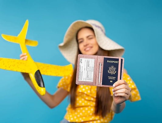 Caweet Passport Holder and Vaccine Card Holder Combo RFID Blocking Leather Vaccination Card Wallet with Elastic Band Closure, Glitter Rose Gold