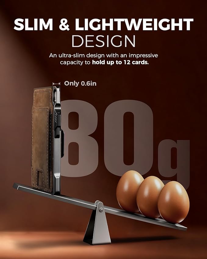 LORZOR Slim Tactical Wallet for Men- Minimalist Front Pocket Full Grain Leather Wallet for 12 Cards, RFID Blocking Aluminum Cardholder, Smart Pop Up Card Case, Money Clip, Gift Boxed(DistressBrown)