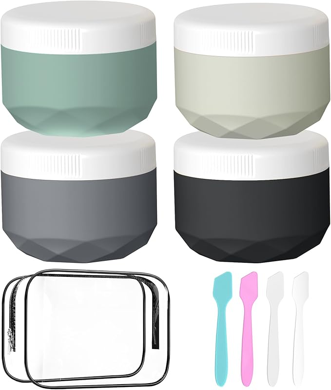 Travel Containers for Toiletries, 4-Pack TSA Approved Silicone Jars (2.5oz) - BPA Free Leakproof Cosmetic Containers for Creams, Lotion, Skincare & Makeup with Bonus Waterproof Bag