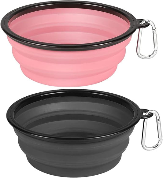 Kytely Large Collapsible Dog Bowls 2 Pack, 34oz Foldable Dog Travel Bowl, Portable Pet Water Food Bowl with Clasp, Pet Cat Feeding Cup Dish for Traveling, Walking, Hiking (Pink+Grey)