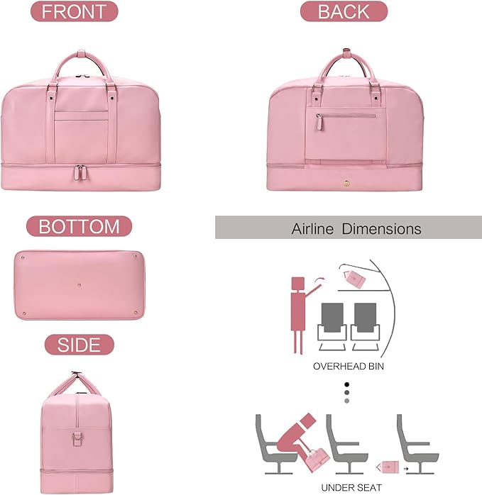 4PCS Leather Duffle Bags, Weekender Bag for Women Men, Large Travel Duffel-Overnight Bag with Toiletry, Makeup, Shoulder Bag, Faux Leather Carry On with Shoe Compartment (Pink)
