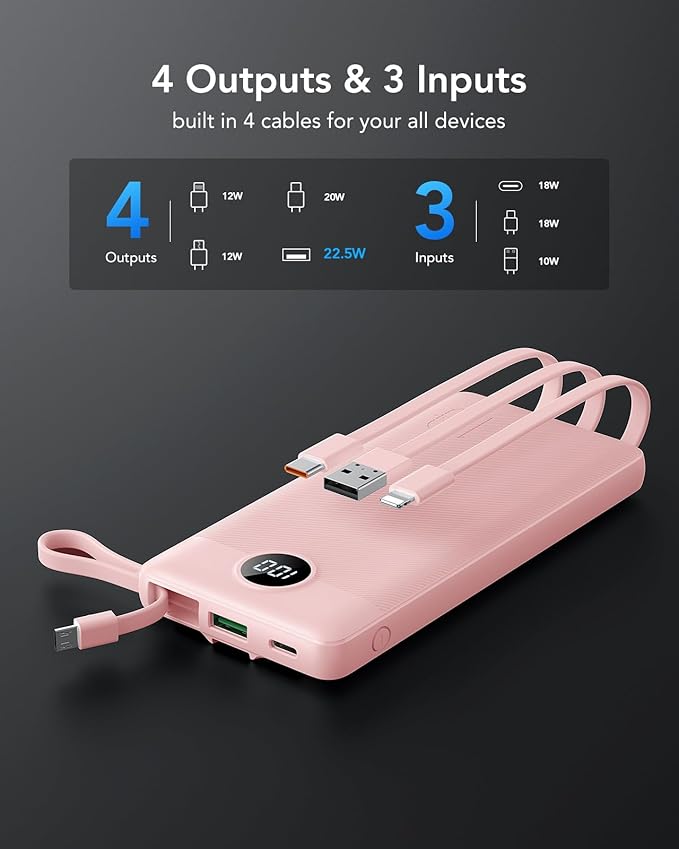 VRURC Portable Phone Charger, 20W PD Fast Charging Portable Charger for iPhone, 10000mAh Battery Bank with Cables, 4 Output 3 Input USB C Battery Pack for iPhone 16 15 14 13,Samsung Galaxy Series-Pink