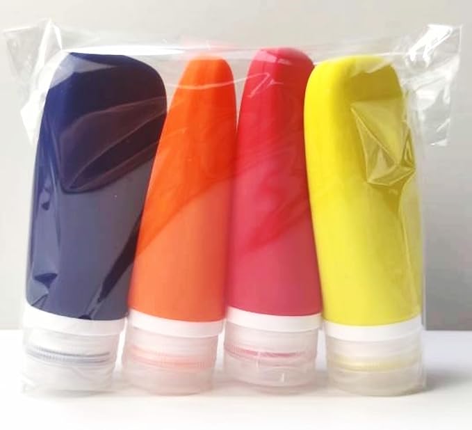 Travel Bottles for Toiletries, TSA Approved 3 oz Leak Proof Silicone Soft Refillable Squeeze Travel Size Containers BPA Free for Cleansers, Lotions, Shampoo, Conditioner (red,yellow,blue,orange)