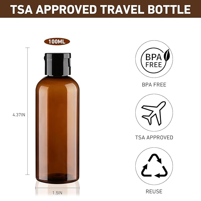Travel Bottles for Toiletries 3.4oz 4 Pack TSA Approved Leak-Proof Travel Size Containers Squeezable Empty Plastic Toiletry Bottles for Shampoo, Conditioner, Body Wash (Brown)