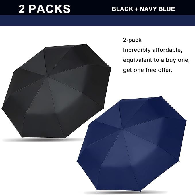 SIEPASA Two Pack The Original Portable Travel Umbrella for Rain Windproof, Perfect Car Golf Umbrella, Backpack, and On-the-Go.(Black & Navy Blue, 2 Pack)