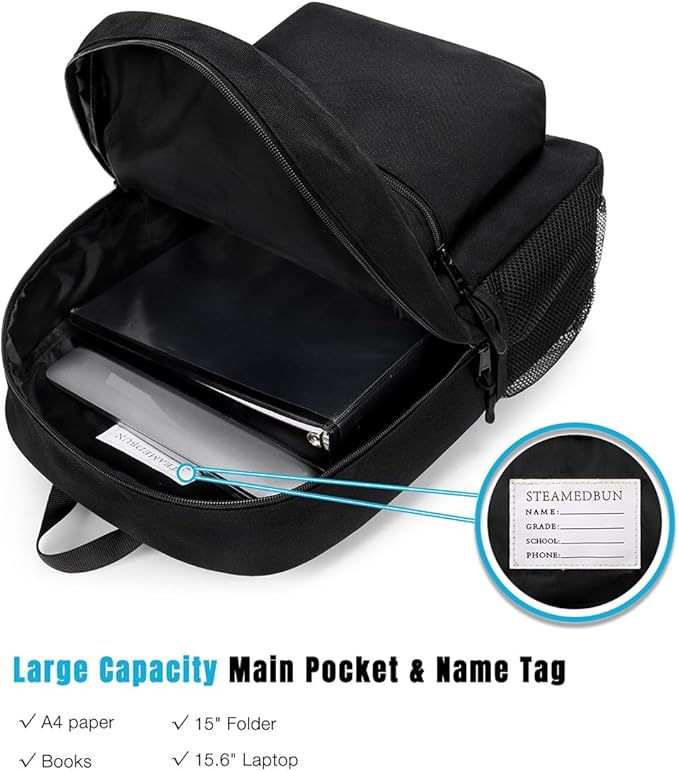 STEAMEDBUN Black Backpack for School,Teens Boys Backpack for Elementary School Bag