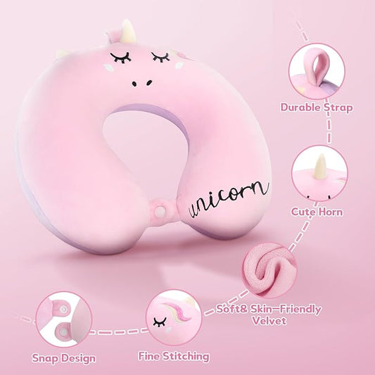 Kids Neck Pillow, Unicorn Kids Travel Neck Pillow for Traveling with Eye Mask, Toddler Travel Essentials for Road Trip Airplane Car Seat, Cute Headrest Memory Foam Pillows for Girl Gift (Pink)