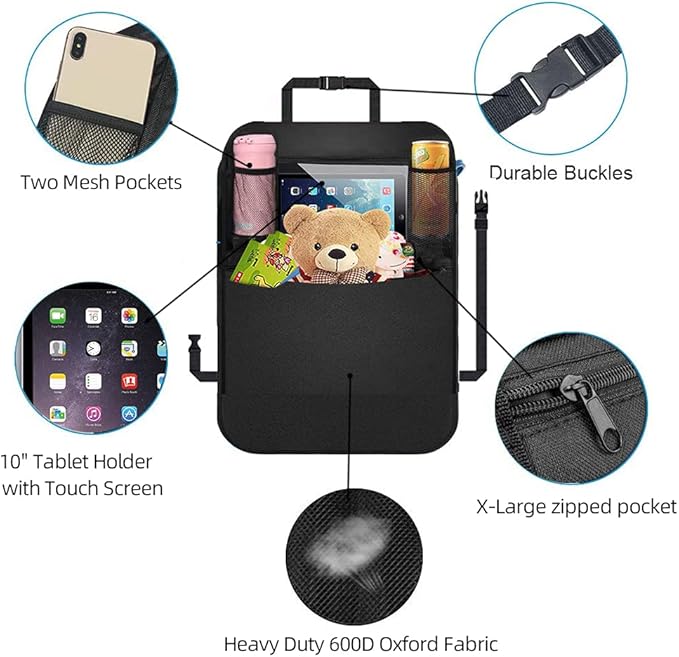 Premium Backseat Organizer for Kids 2 Pack, Heavy Duty Waterproof and Stain Resistant Kick Mats Back Seat Protector, Durable Backseat Car Organizer with Tablet Holder+Storage Pockets
