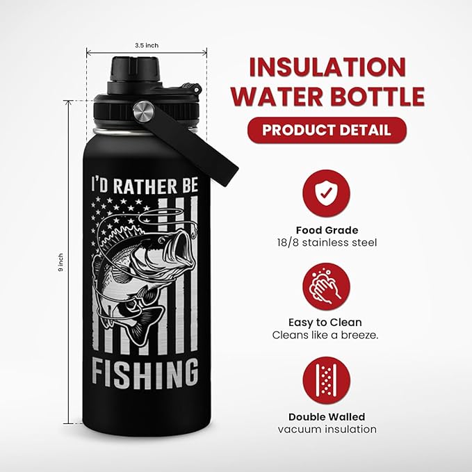 Fishing Water Bottle - 32oz Stainless Steel Insulated Bottles with lid - Deer Fishing Gifts for Fisherman Papa Dad Husband - Gift for Christmas Birthday Fathers Day