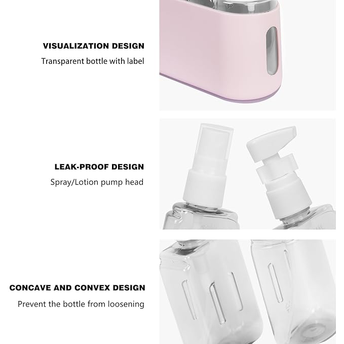 Songaa 2 In 1 Travel Size Bottles - Travel Shampoo and Conditioner Containers for Toiletries, Refillable Toiletry Bottles with Lid - Pink