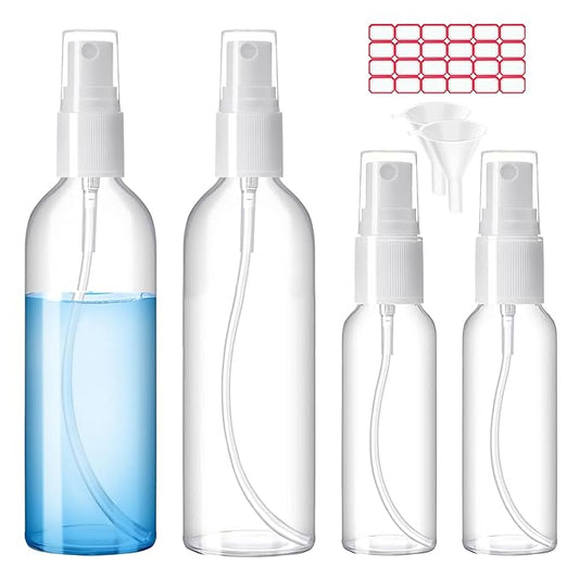 Spray Bottles, 2oz/50ml, 3.4oz/100ml Clear Empty Fine Mist Plastic Mini Travel Bottle Set, Small Refillable Liquid Containers with 2pcs Funnels and 24pcs Labels (4 Pack)