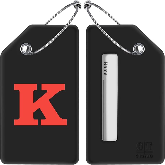Gostwo 2 Pack Silicone Luggage Tags for Suitcases, 26 Initial Letter Baggage Labels Handbag School Bag Suitcase Instrument Tag with Stainless Steel Loop(Black)(Letter K)