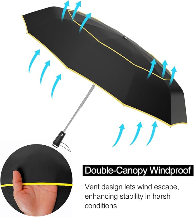 Satol Extra Large Golf Umbrella, 46/54/62 Inch Windproof 10 Ribs Vented Double Canopy Reflective Strips Automatic Open/Close Waterproof UV Protection Portable Compact Umbrella for Outdoor & Travel