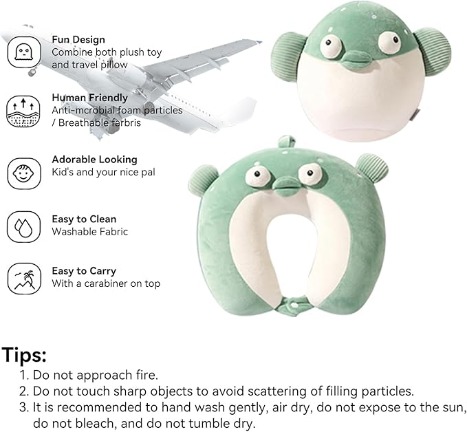 Kids Travel Pillow - 2-in-1 Deformable Kids Neck Pillow for Traveling, Soft U-Shaped Pillow with Adorable Animal Design, Comfy Sleep and Play, Ideal for Airplanes and Traveling (Green Fish)