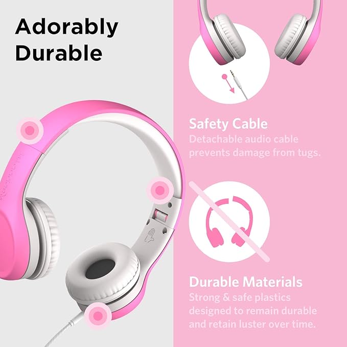 LilGadgets Connect+ Foldable Headphones, Adjustable Fit Soft Touch Padding for Kids with Mic, Volume-Limited & Noise Reduction On-Ear Wired Headset for School with SharePort - Pink, Ages 3-14