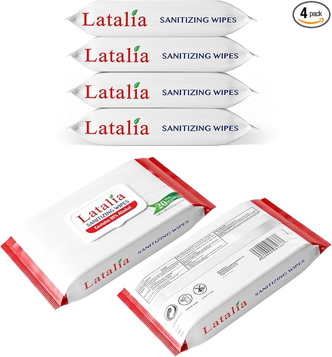 Latalia Hand Wipes Pack of 4 | 80% Alcohol Hand Sanitizer Wipes for Hands & Face Moisturizing, Gentle, Convenient and Fragrance Free (20 Counts)