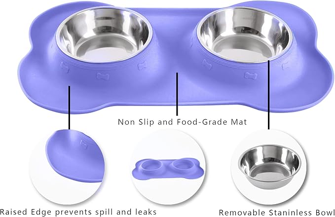 Hubulk Pet Dog Bowls 2 Stainless Steel Dog Bowl with No Spill Non-Skid Silicone Mat + Pet Food Scoop Water and Food Feeder Bowls for Feeding Small Medium Large Dogs Cats Puppies (Small, Purple)