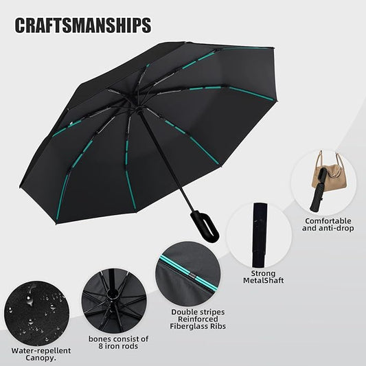 Compact Automatic Folding Travel Umbrella-Windproof Rainproof, PF50+ Sun Protection for Hiking,Outdoor,Chool,Golf Course & Daily Use,Sturdy Multi-Ribbed Frame
