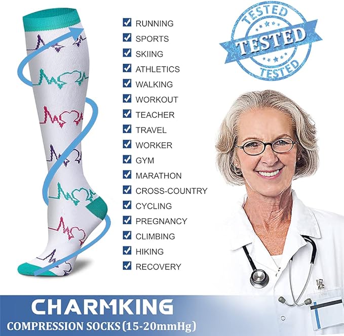 CHARMKING Compression Socks for Women & Men Circulation (8 Pairs) 15-20 mmHg is Best Support for Athletic Running,Cycling